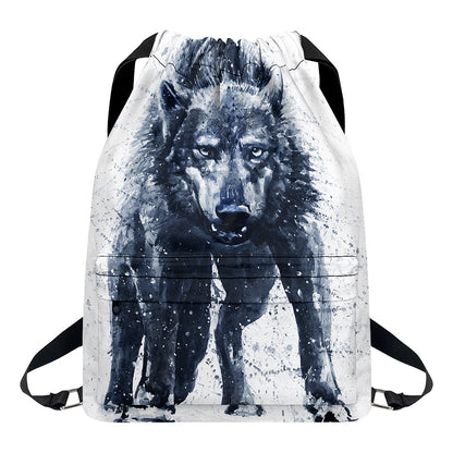 Watercolor Wolf Portrait Print Drawstring Backpack