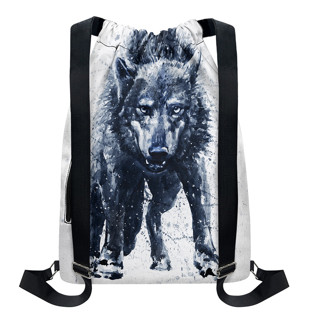 Watercolor Wolf Portrait Print Drawstring Backpack