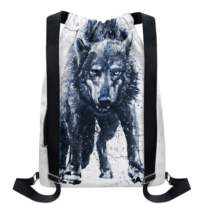 Watercolor Wolf Portrait Print Drawstring Backpack