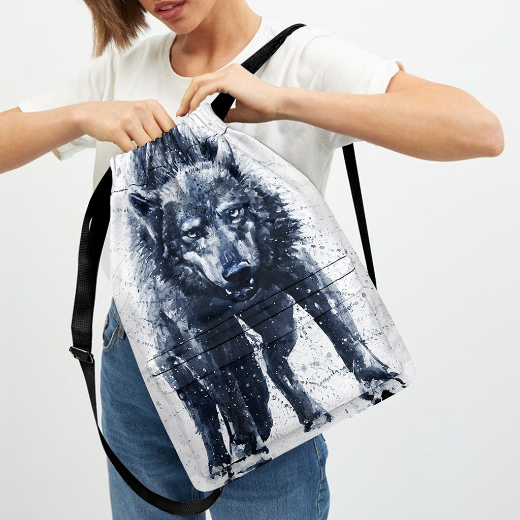 Watercolor Wolf Portrait Print Drawstring Backpack