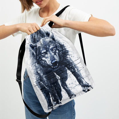 Watercolor Wolf Portrait Print Drawstring Backpack