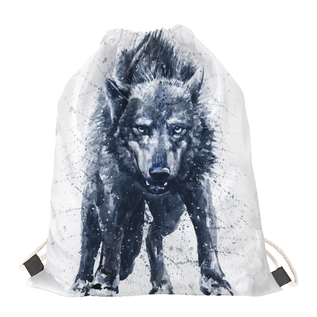 Watercolor Wolf Portrait Print Drawstring Bag