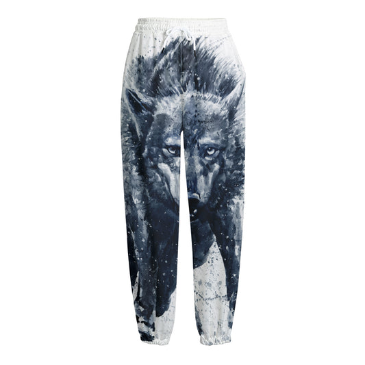 Watercolor Wolf Portrait Print Fleece Lined Knit Pants