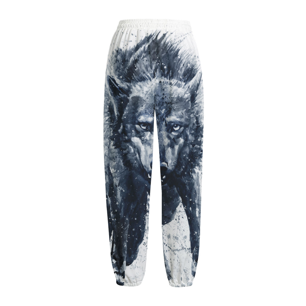 Watercolor Wolf Portrait Print Fleece Lined Knit Pants
