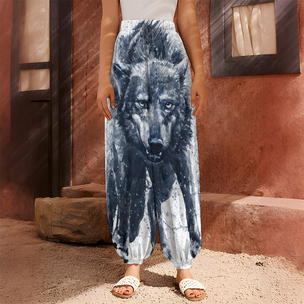 Watercolor Wolf Portrait Print Harem Pants