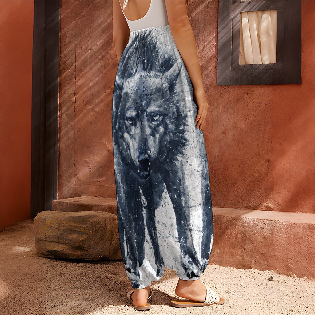 Watercolor Wolf Portrait Print Harem Pants