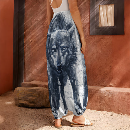 Watercolor Wolf Portrait Print Harem Pants