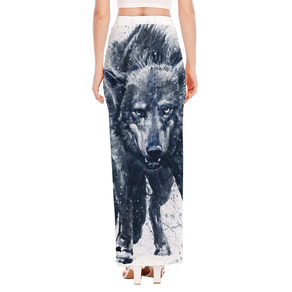 Watercolor Wolf Portrait Print High Slit Maxi Skirt
