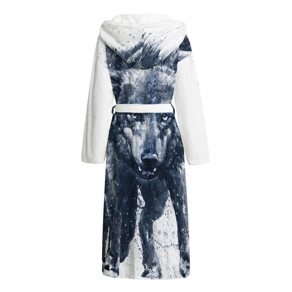 Watercolor Wolf Portrait Print Hooded Bathrobe