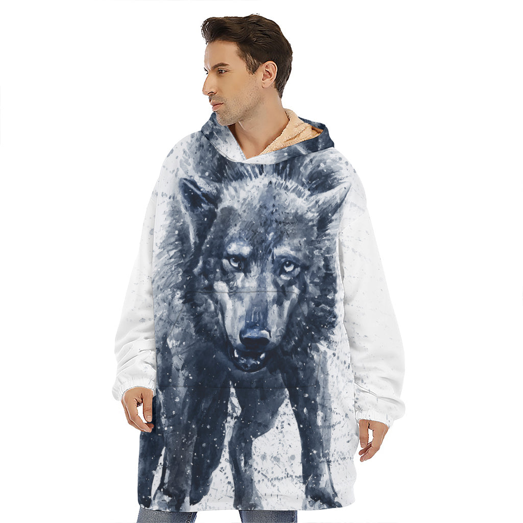 Watercolor Wolf Portrait Print Hoodie Blanket