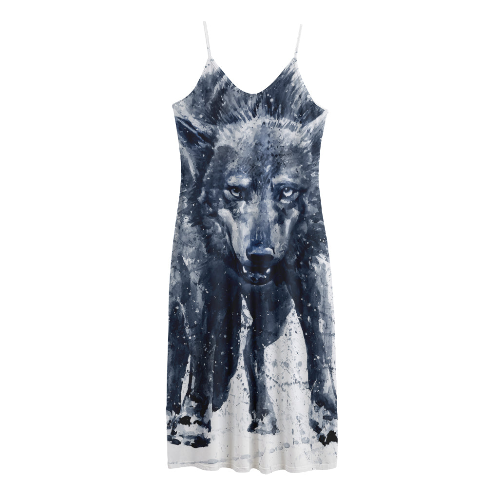 Watercolor Wolf Portrait Print Jersey Midi Cami Dress