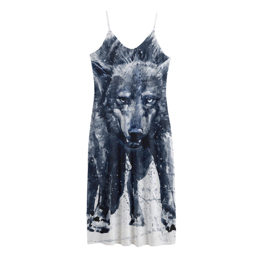 Watercolor Wolf Portrait Print Jersey Midi Cami Dress