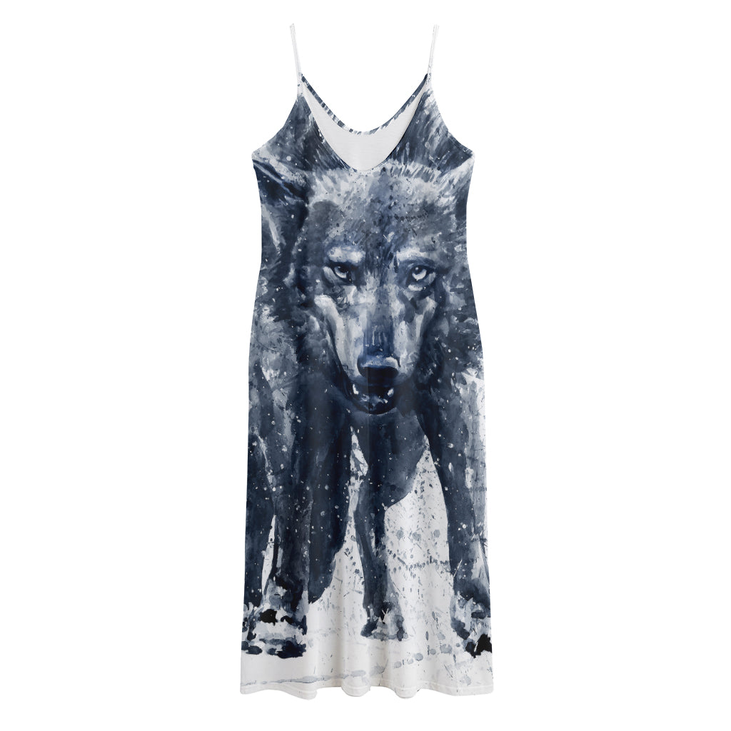 Watercolor Wolf Portrait Print Jersey Midi Cami Dress