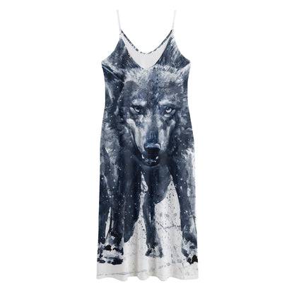 Watercolor Wolf Portrait Print Jersey Midi Cami Dress