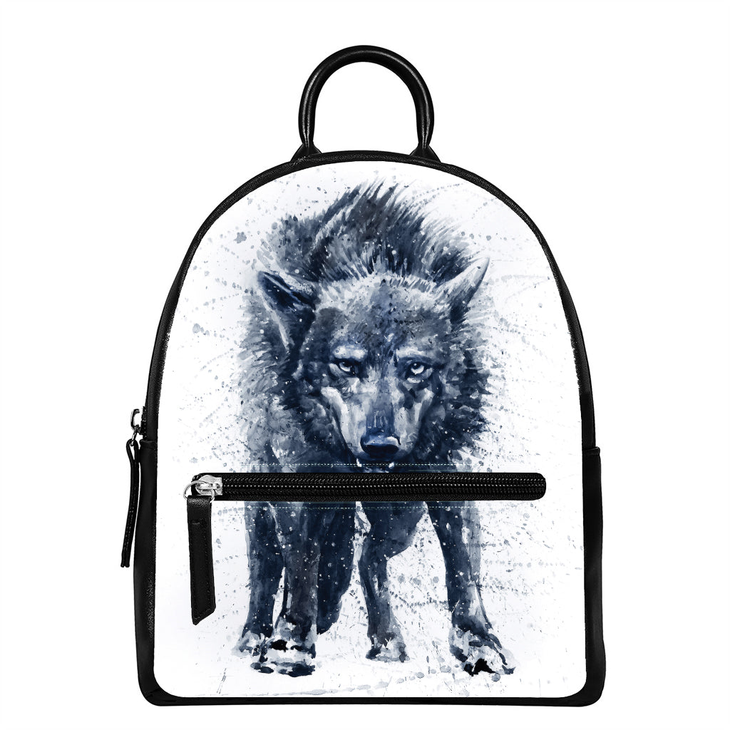 Watercolor Wolf Portrait Print Leather Backpack