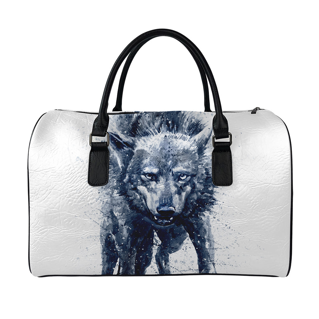 Watercolor Wolf Portrait Print Leather Duffle Bag