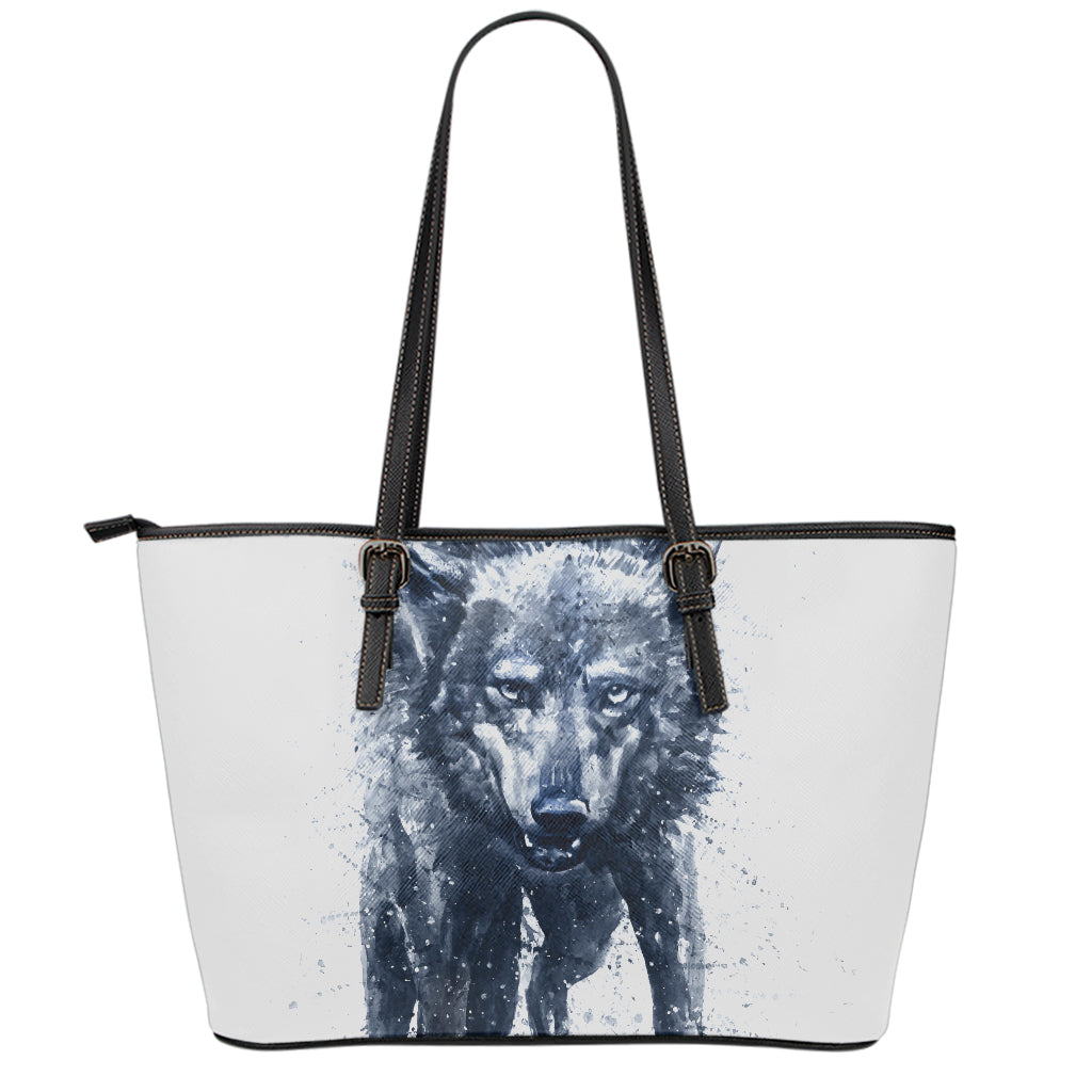 Watercolor Wolf Portrait Print Leather Tote Bag