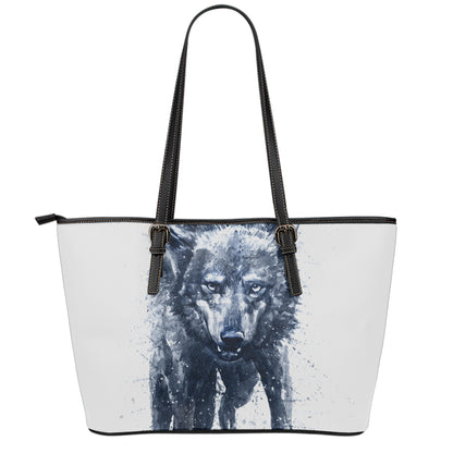 Watercolor Wolf Portrait Print Leather Tote Bag