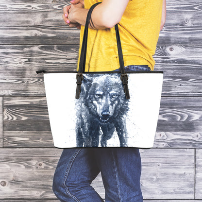 Watercolor Wolf Portrait Print Leather Tote Bag