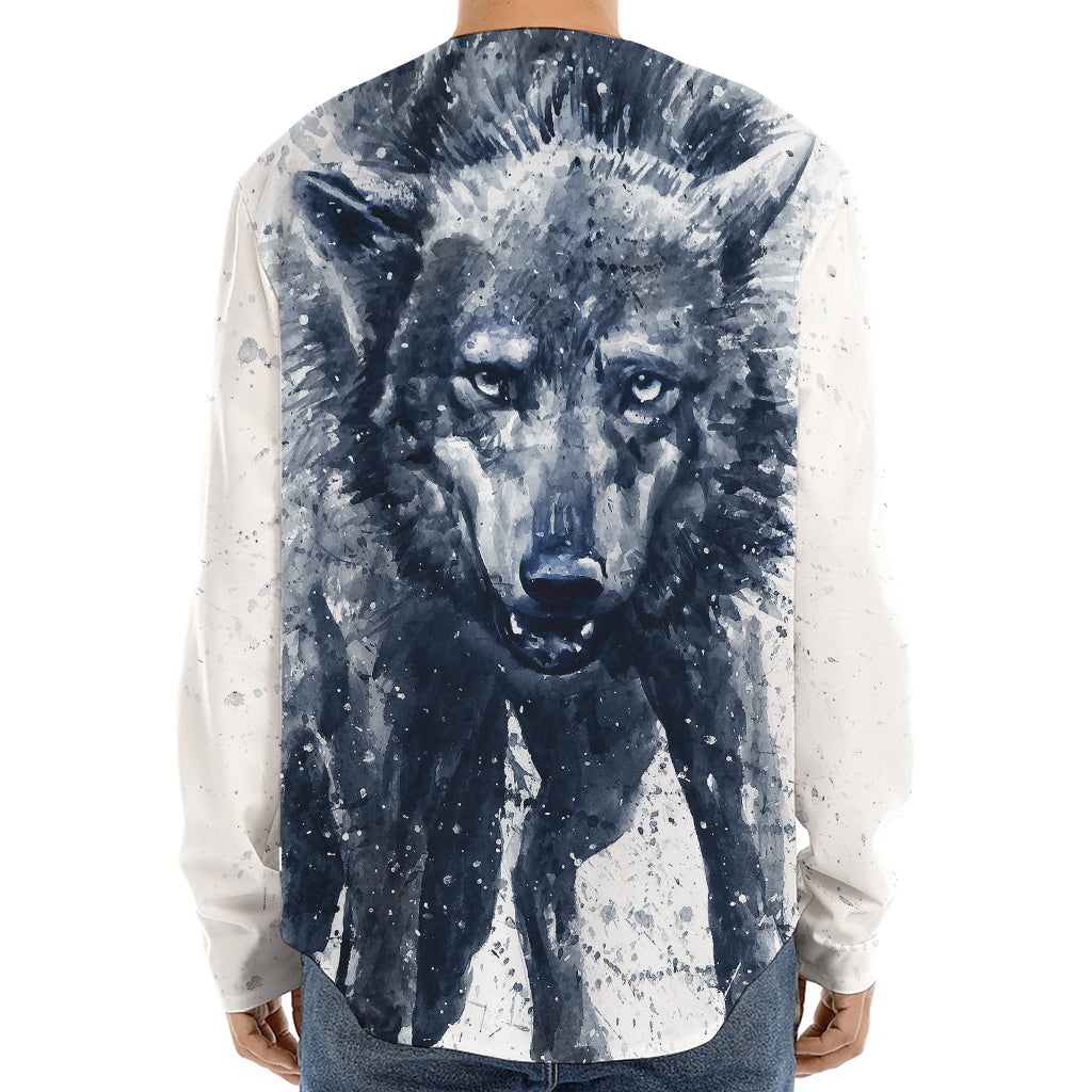 Watercolor Wolf Portrait Print Long Sleeve Baseball Jersey