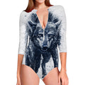 Watercolor Wolf Portrait Print Long Sleeve Swimsuit