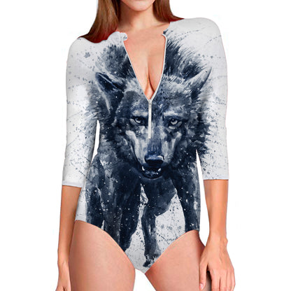 Watercolor Wolf Portrait Print Long Sleeve Swimsuit