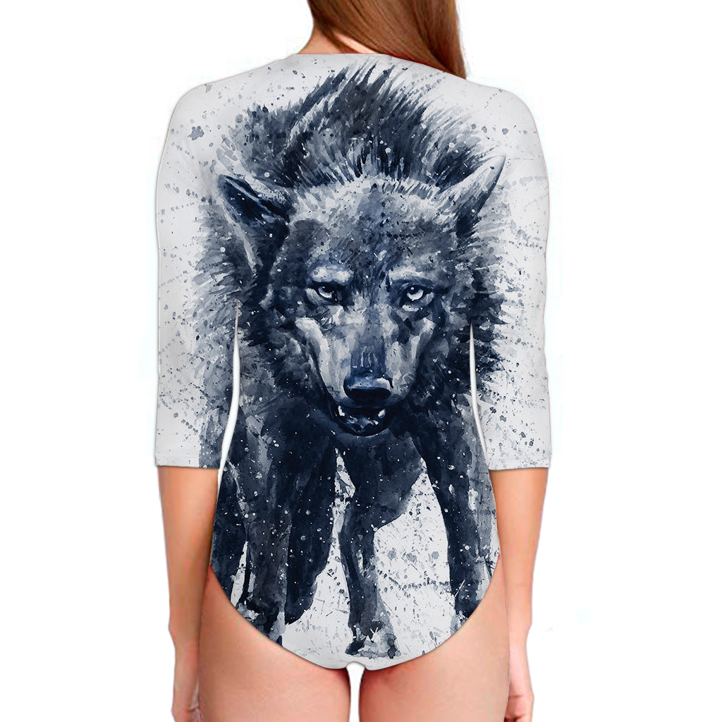 Watercolor Wolf Portrait Print Long Sleeve Swimsuit