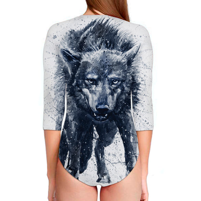 Watercolor Wolf Portrait Print Long Sleeve Swimsuit