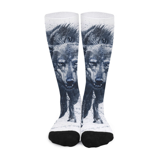Watercolor Wolf Portrait Print Long Socks