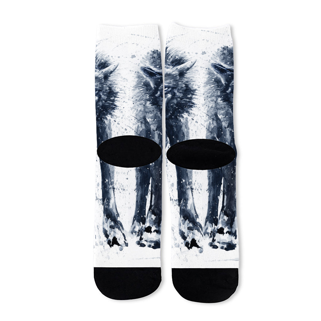 Watercolor Wolf Portrait Print Long Socks