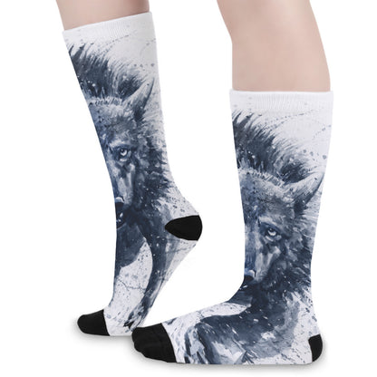 Watercolor Wolf Portrait Print Long Socks
