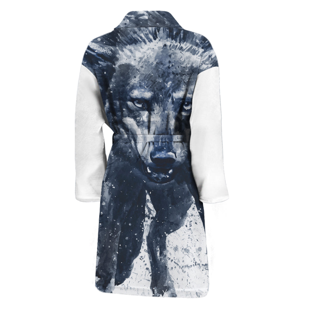 Watercolor Wolf Portrait Print Men's Bathrobe