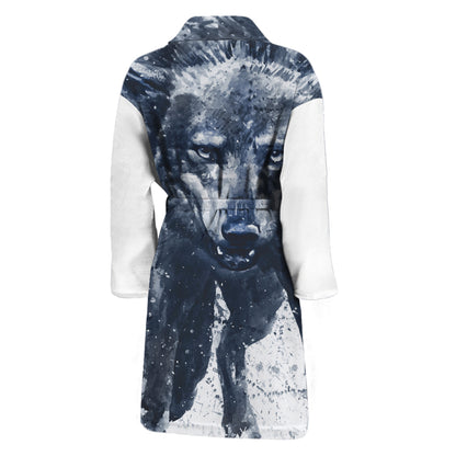 Watercolor Wolf Portrait Print Men's Bathrobe