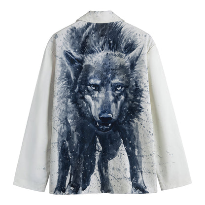 Watercolor Wolf Portrait Print Men's Cotton Blazer