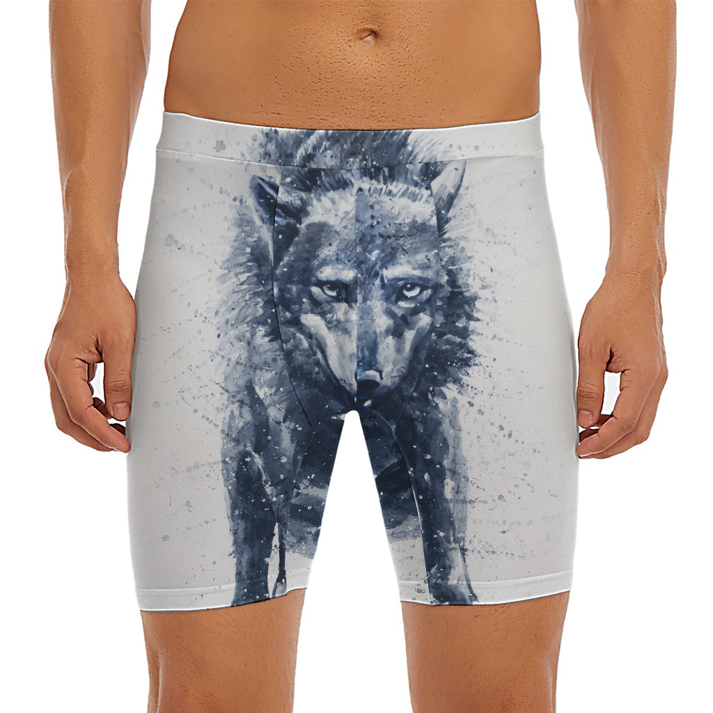 Watercolor Wolf Portrait Print Men's Long Boxer Briefs