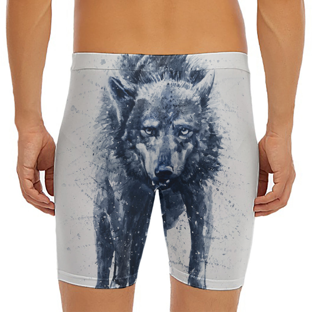 Watercolor Wolf Portrait Print Men's Long Boxer Briefs