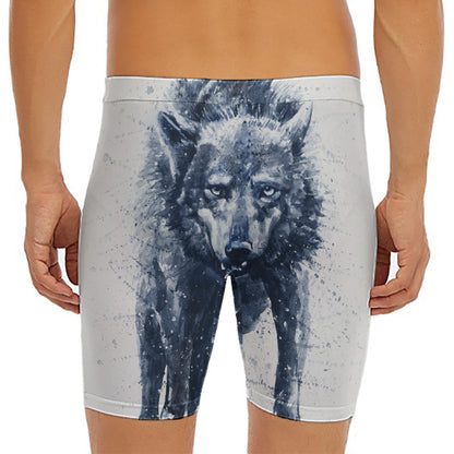 Watercolor Wolf Portrait Print Men's Long Boxer Briefs