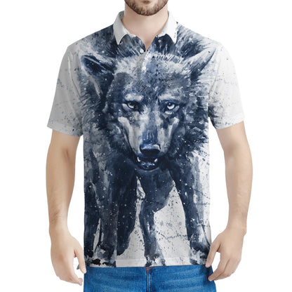 Watercolor Wolf Portrait Print Men's Polo Shirt