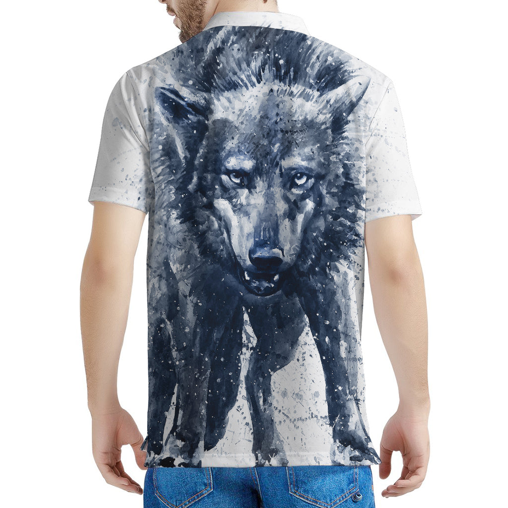Watercolor Wolf Portrait Print Men's Polo Shirt