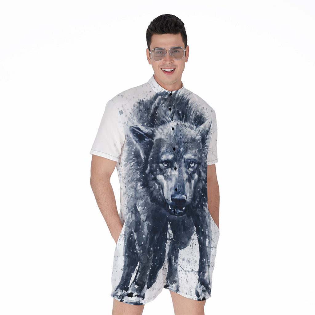 Watercolor Wolf Portrait Print Men's Rompers