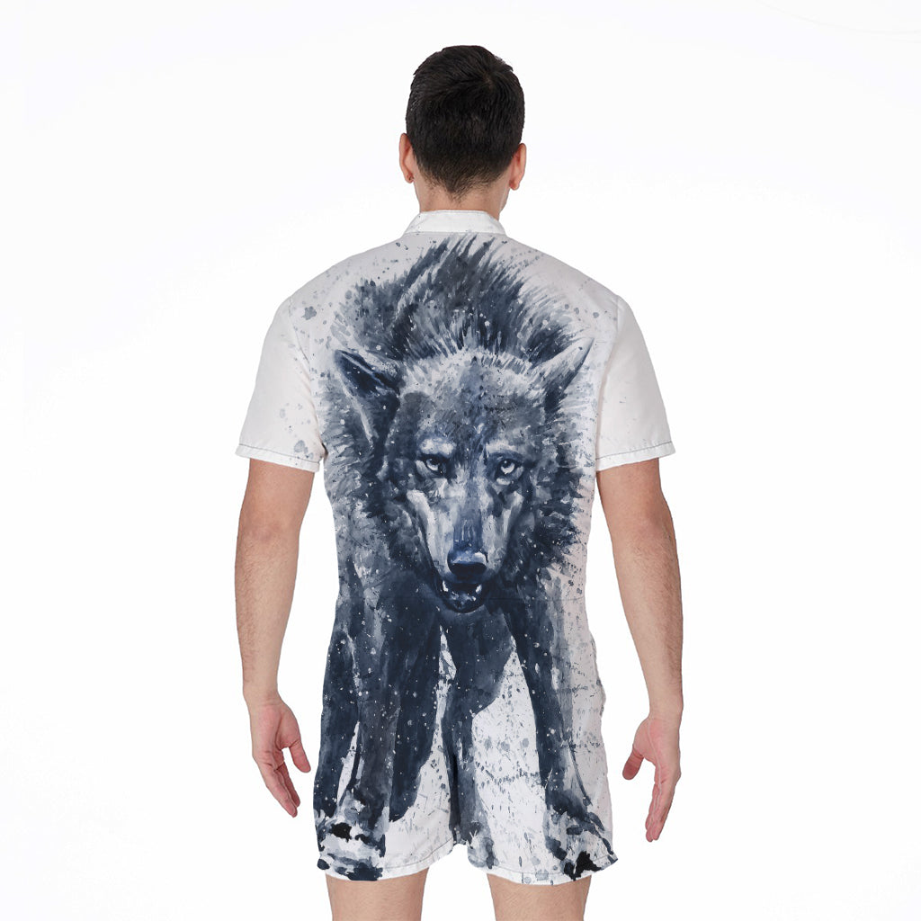 Watercolor Wolf Portrait Print Men's Rompers