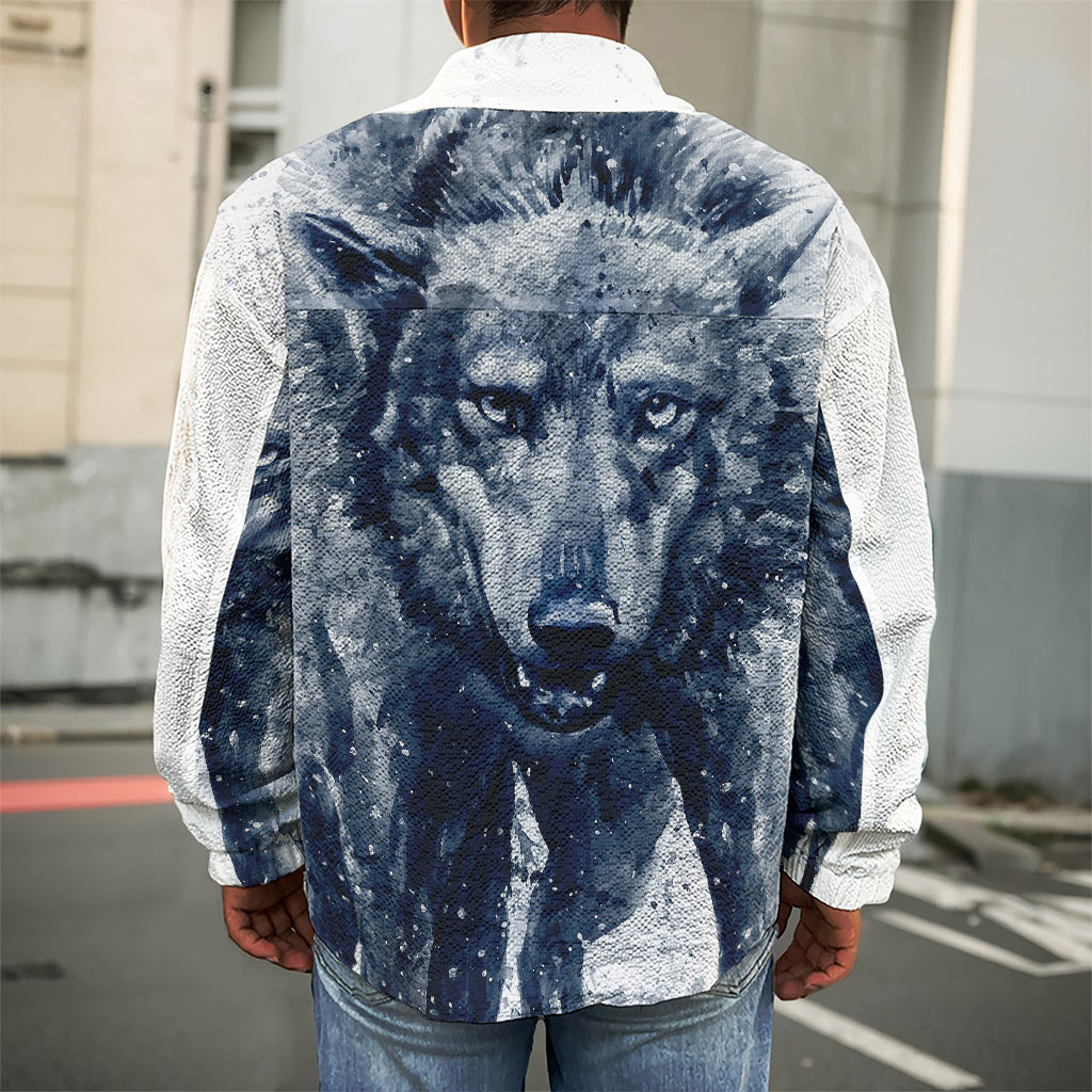 Watercolor Wolf Portrait Print Men's Shirt Jacket