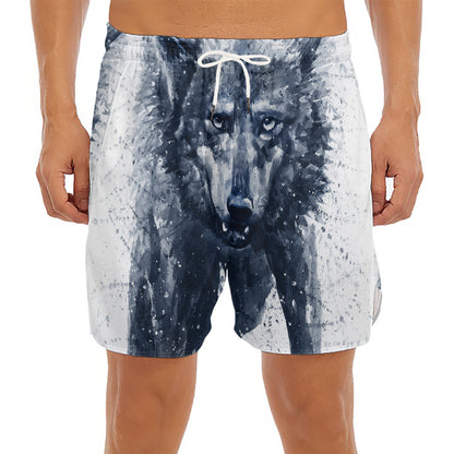 Watercolor Wolf Portrait Print Men's Split Running Shorts