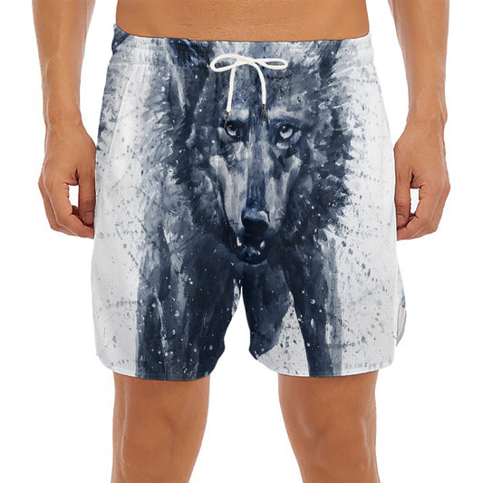 Watercolor Wolf Portrait Print Men's Split Running Shorts