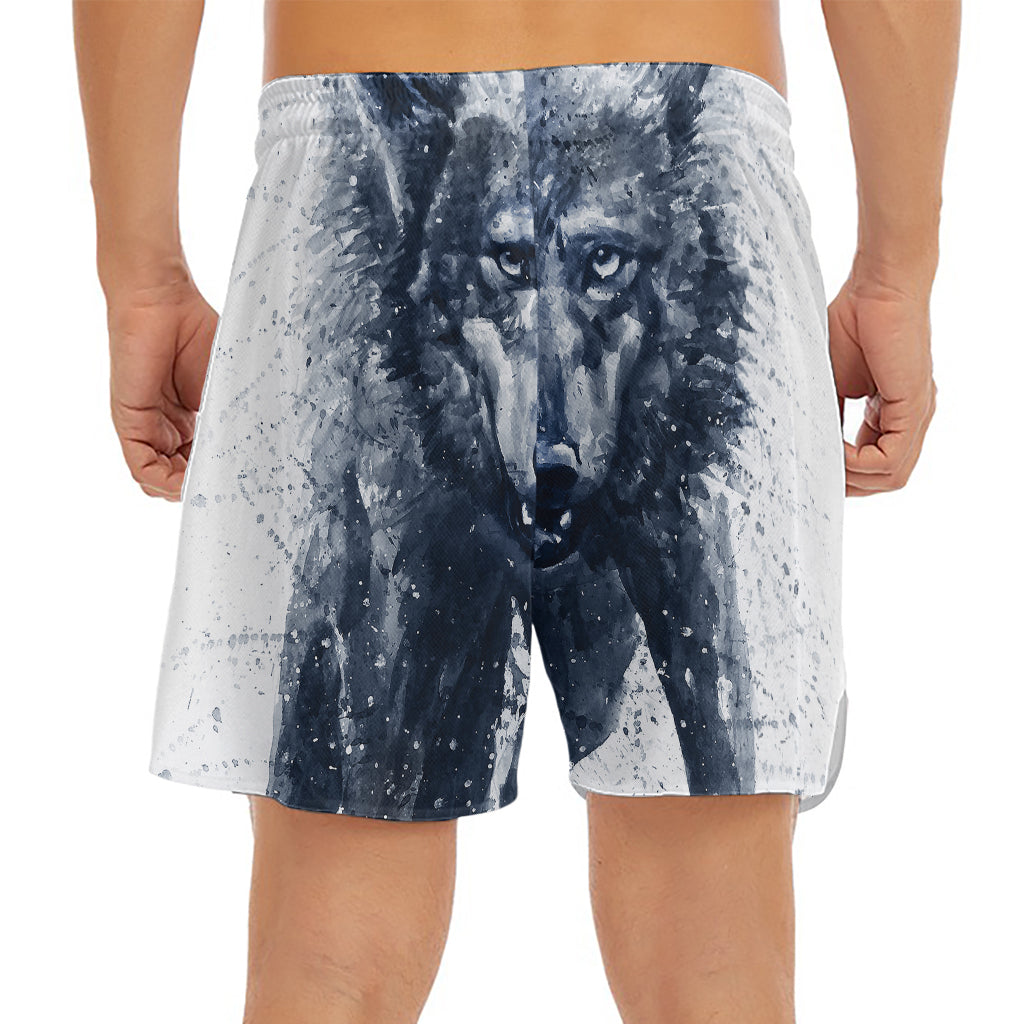 Watercolor Wolf Portrait Print Men's Split Running Shorts