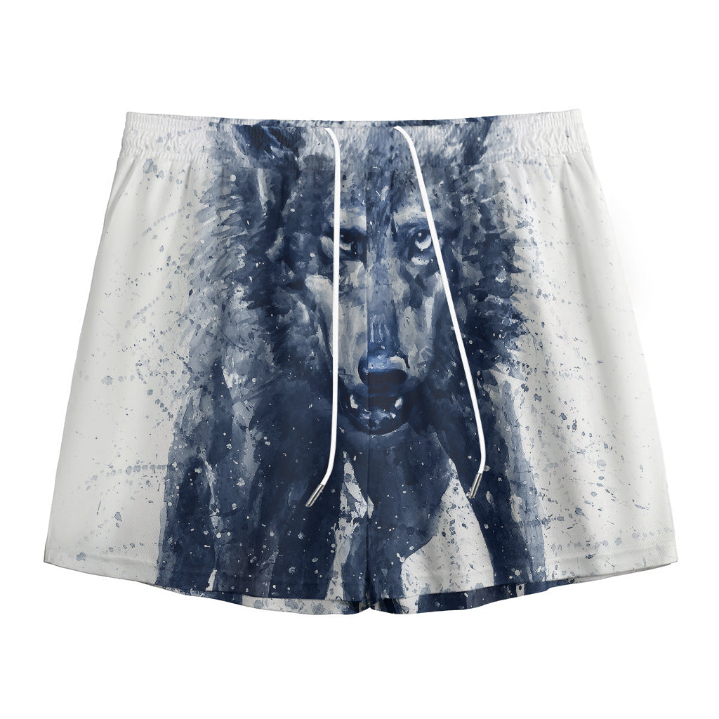 Watercolor Wolf Portrait Print Mesh Shorts