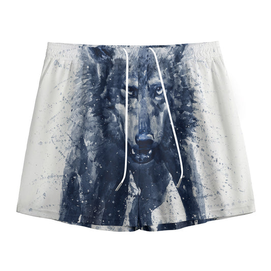 Watercolor Wolf Portrait Print Mesh Shorts