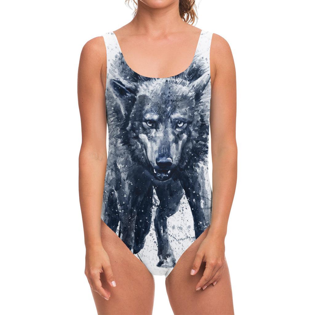 Watercolor Wolf Portrait Print One Piece Swimsuit