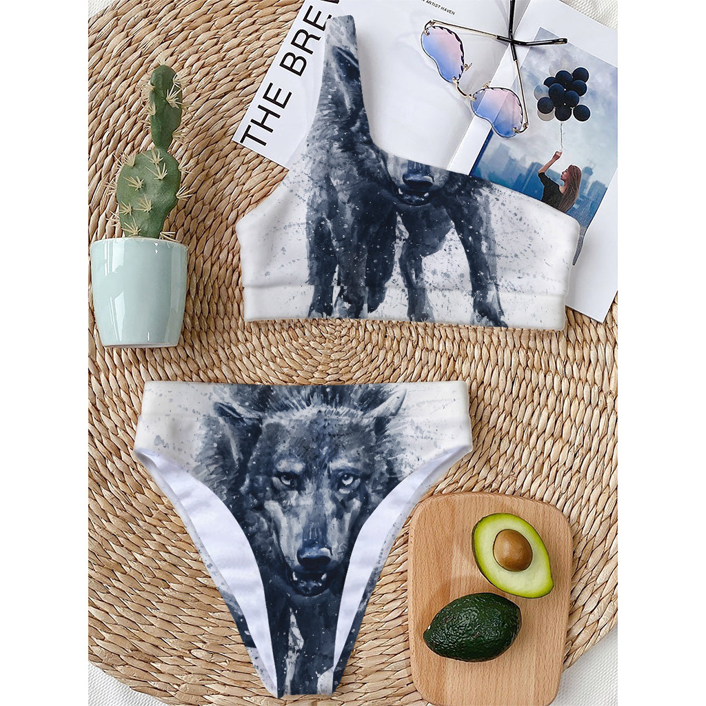 Watercolor Wolf Portrait Print One Shoulder Bikini Top