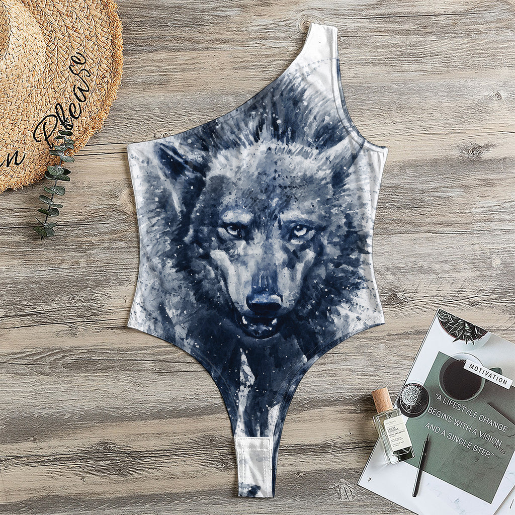 Watercolor Wolf Portrait Print One Shoulder Bodysuit